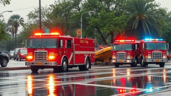 Emergency vehicles ready for Brays Bayou rescue in rainy Houston.