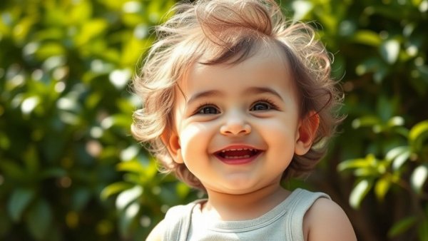 Joyful baby smiling in natural sunlight, raising drowning prevention awareness.