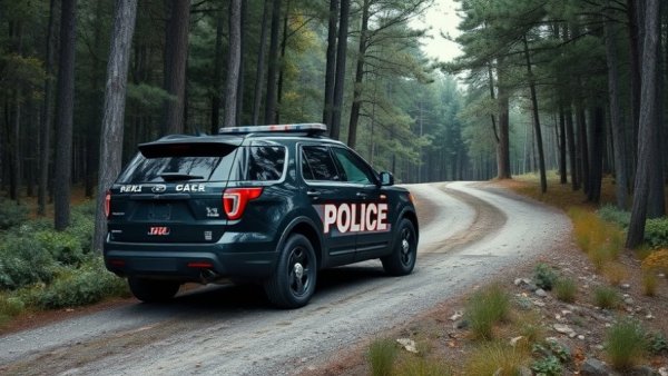 Police SUV in wooded area near dirt road during investigation