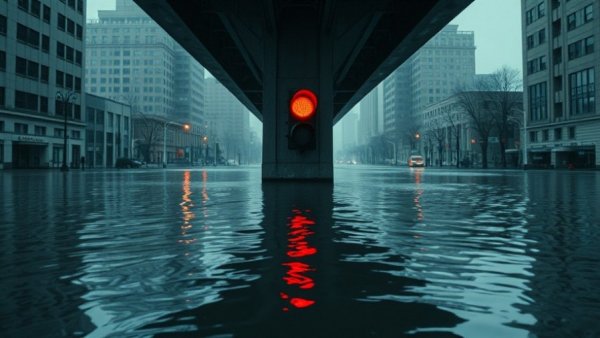 Flooded street with submerged traffic light, Houston weather news.