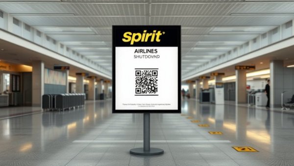 Spirit Airlines shutdown sign in empty airport terminal