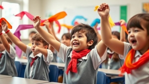Children engaged in music education with colorful scarves.