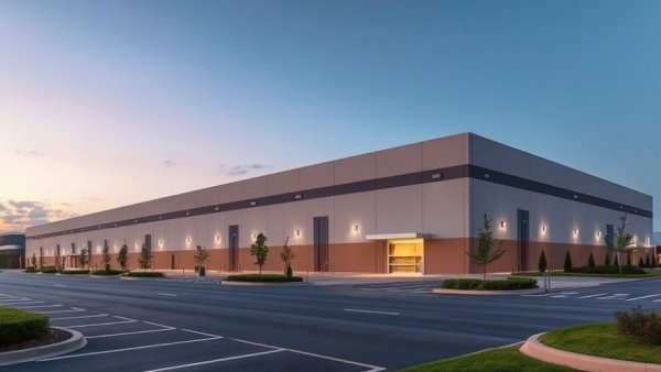 Modern Dallas industrial warehouse space at dusk.