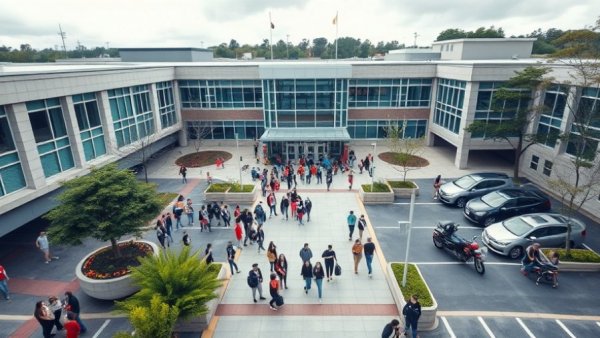 Aerial view of high school with students outside.
