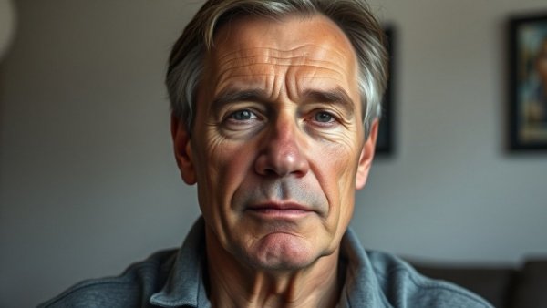 Middle-aged man discussing healthy living indoors, soft lighting.