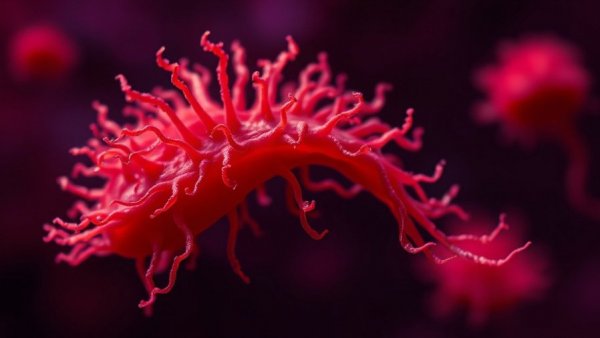 Red amoeba in motion against dark background, illustrating dangerous amoebas spread globally.