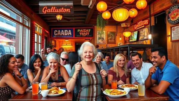 Collage showcasing Mexican restaurants in Galveston with happy diners.