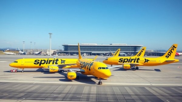 Spirit Airlines planes parked on the runway, clear day.