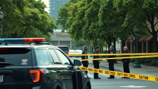 Police SUV at a crime scene with yellow caution tape near an athletic club.
