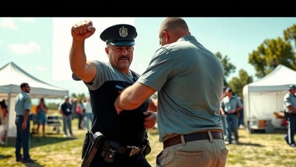 Police officer arresting man at event with inset of political figure, breaking news.