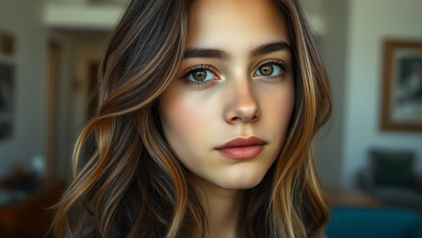 Serene young woman indoors, soft light, love bombing.