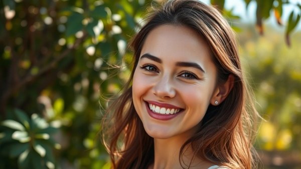 Portrait of a smiling woman outdoors with green background.