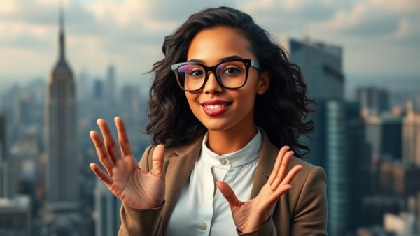 Confident woman discussing comedy in a city backdrop.