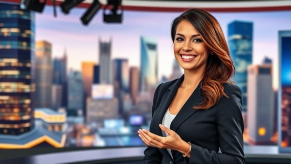 Charismatic news anchor presenting in US news setting.