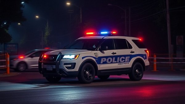 Police vehicle at nighttime roadblock in Houston.