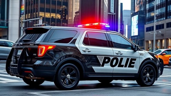 Amarillo police SUV with flashing lights in downtown cityscape.
