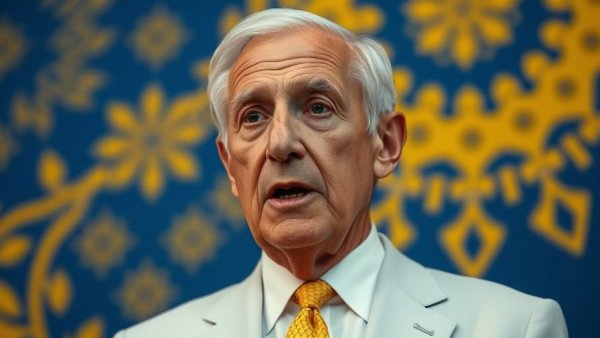 Elderly man in white suit and yellow tie speaking seriously.