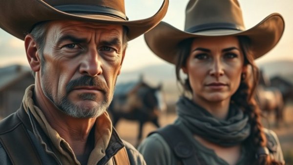 Dutton Ranch trailer excitement: Western scene with man and woman standing seriously.