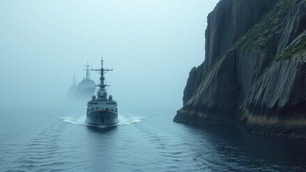 Ships navigating Strait of Hormuz amid misty sea and rocky coast.