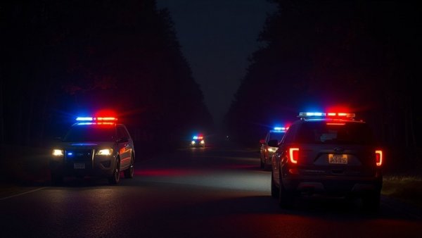 Police vehicles at night near Arcadia Lake with flashing lights.