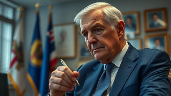Older man looking thoughtful in office, illustrating Trump news fatigue.