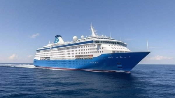 Cruise ship sailing against blue ocean backdrop.