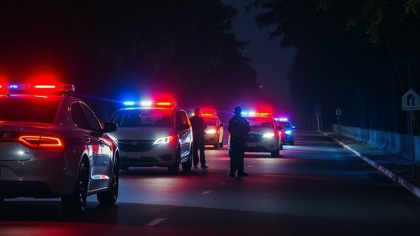 Night scene of police at Arcadia Lake after mass shooting, vivid lights.