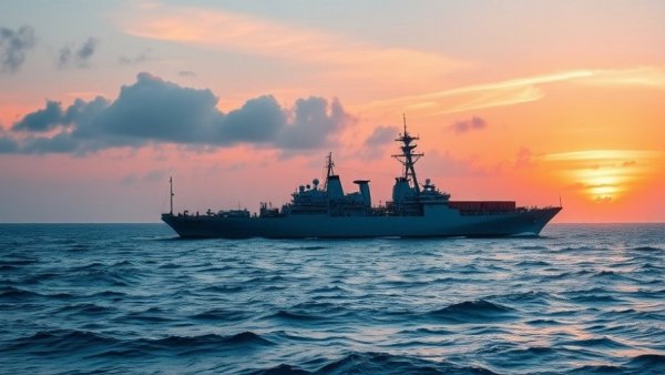 Military and cargo ships at sea during sunset, us news today