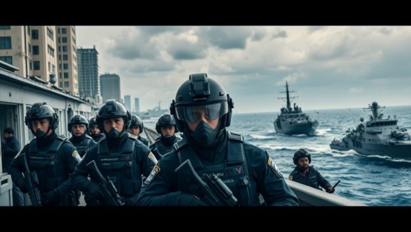 News in the US, police and naval presence in action.
