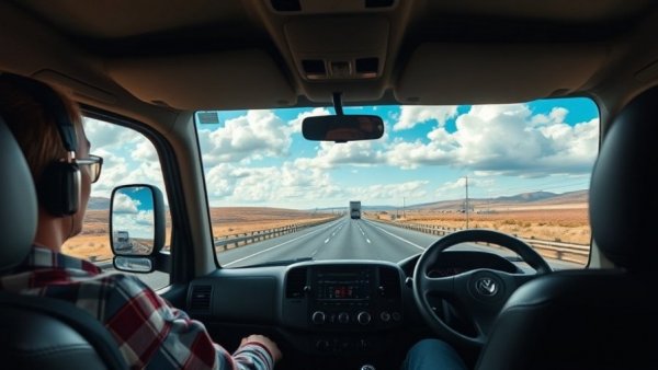 Truck interior and highway view during incident, plane clips truck landing.
