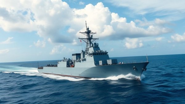 Modern warship navigating ocean under cloudy sky, showcasing naval strength