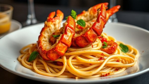 Gourmet seafood pasta with lobster claws, Dallas entertainment.