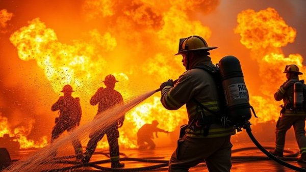 Firefighters tackling a fiery explosion in China with intense orange flames.
