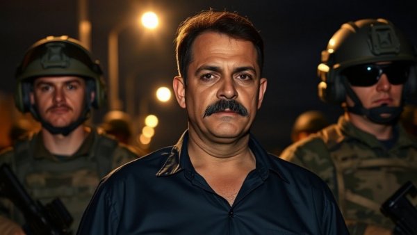 Man escorted by soldiers under dim lighting at night.