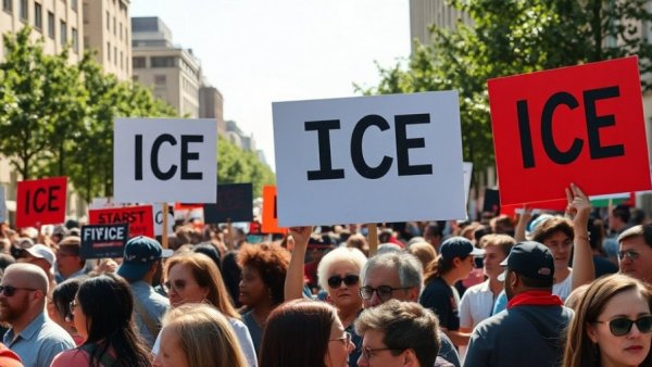 Anti-ICE protest with people holding signs, advocating public safety.