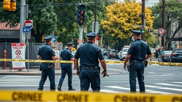 Breaking news scene of police activity at urban intersection with tape.