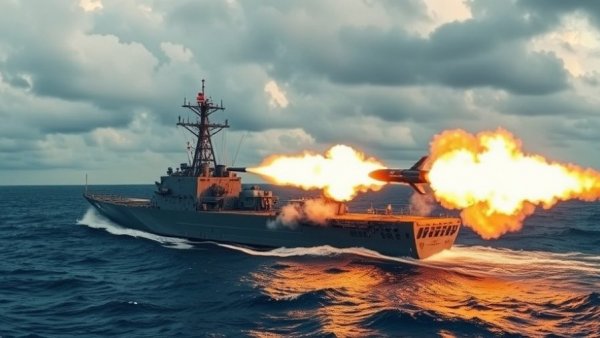 US military ship launches missile, ocean background.
