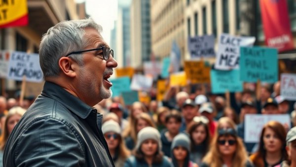 Breaking news: Speaker addressing protest crowd in city.