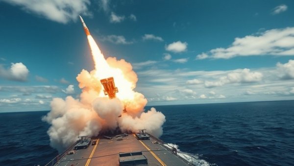 Dramatic naval missile launch representing US military combat operations in Iran.