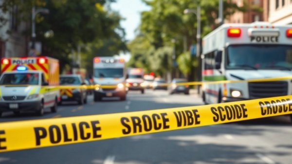 Breaking US news scene with police and emergency vehicles.