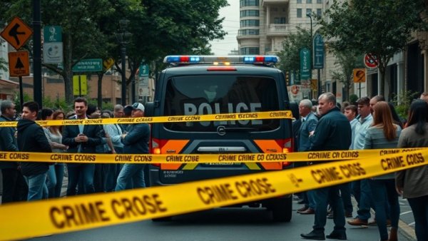 Breaking US news crime scene with police car and yellow tape.