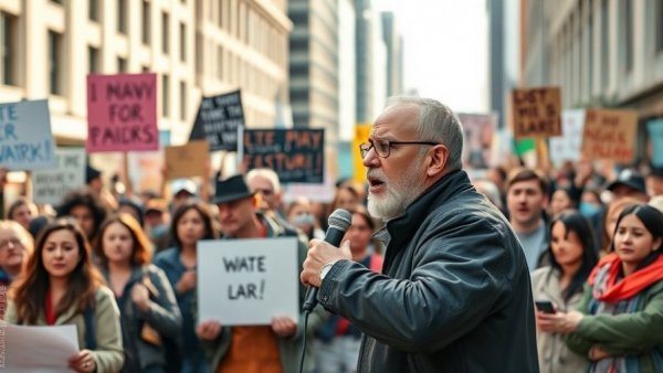 Breaking news: Speaker addressing a crowd at a protest with banners.
