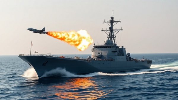 Military ship launching missile in ocean, resumption of U.S. military operations in Iran.