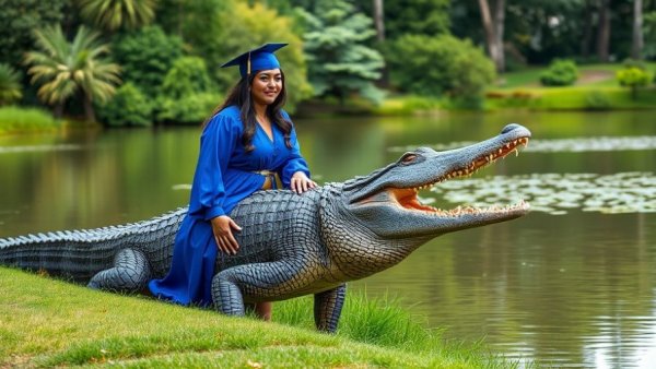 Daring viral graduation photos Houston, woman with alligator.