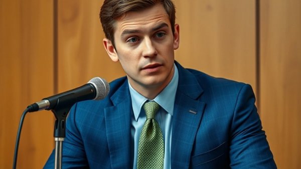 Thoughtful young man in blue suit speaking in a studio.