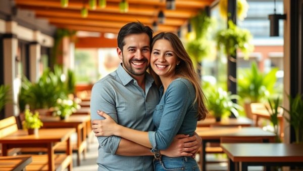 Casual couple at outdoor cafe amidst greenery