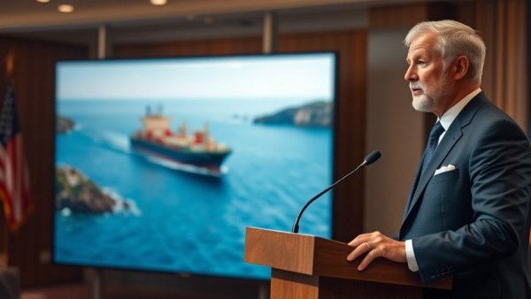 Trump breaking news today showing a man at a podium and ship on ocean.