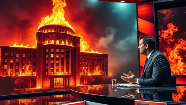 News in the US, fiery building beside serious news anchor, photorealistic.