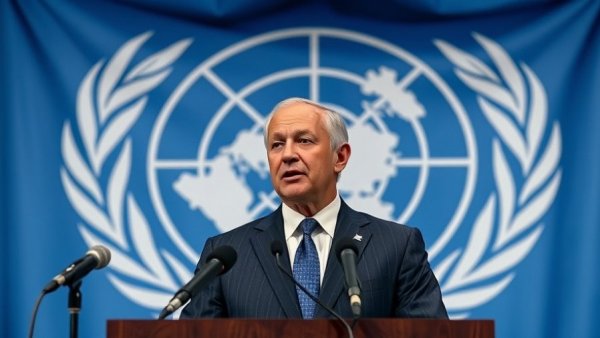 Politician discussing U.N. Inaction on Iran, UN flag backdrop.