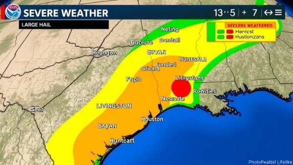 Houston weather news map showing severe hail and tornado warning.